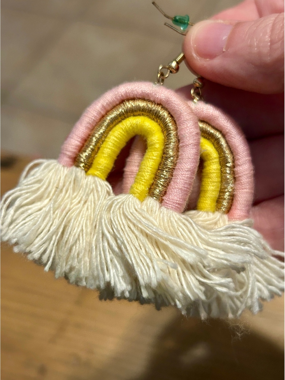 Handmade Rainbow Fringe Earrings in Pink, Yellow, and Gold